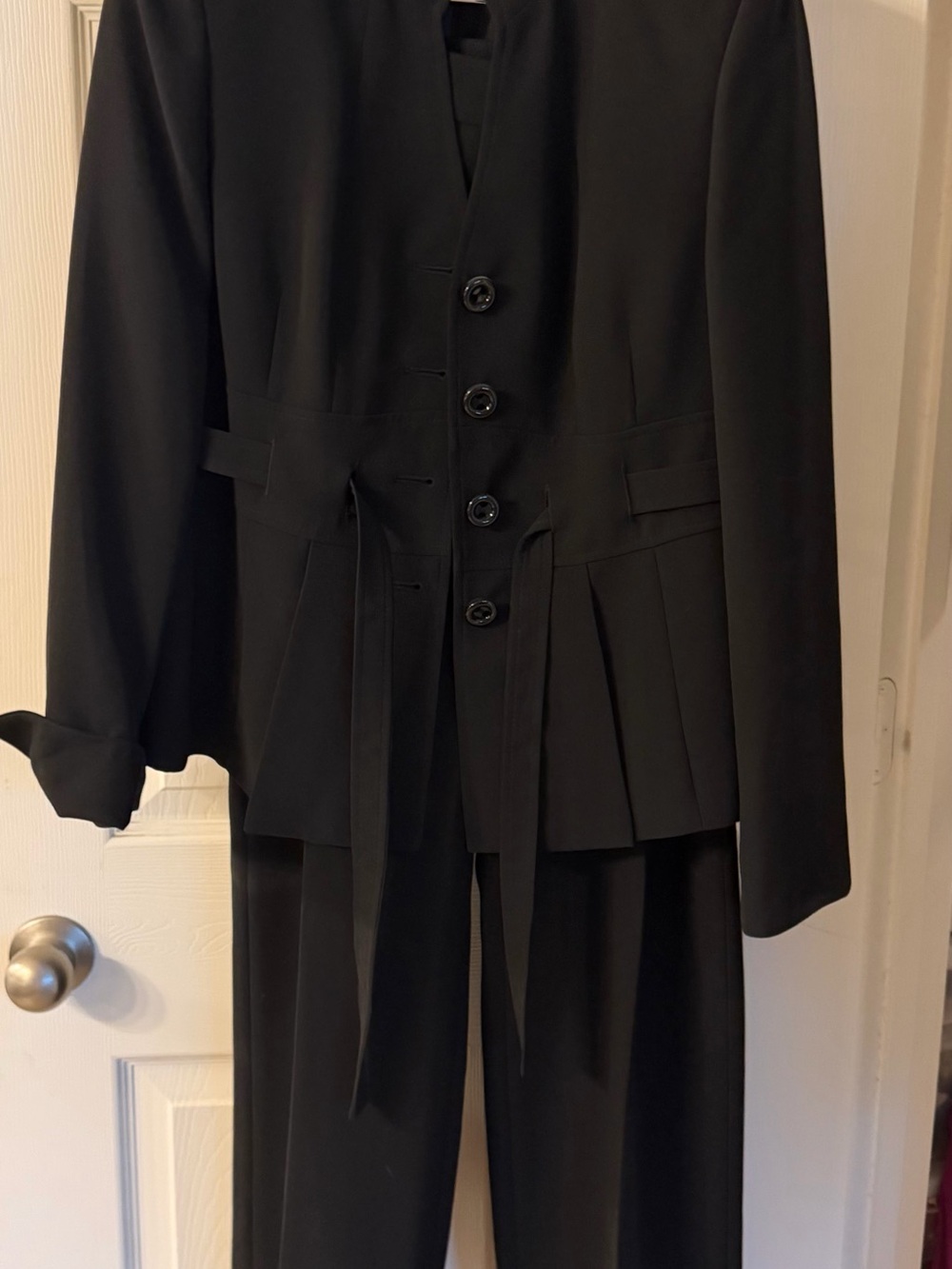 Evan Picone Black Tailored Button Suit with Waist Ties and Slacks